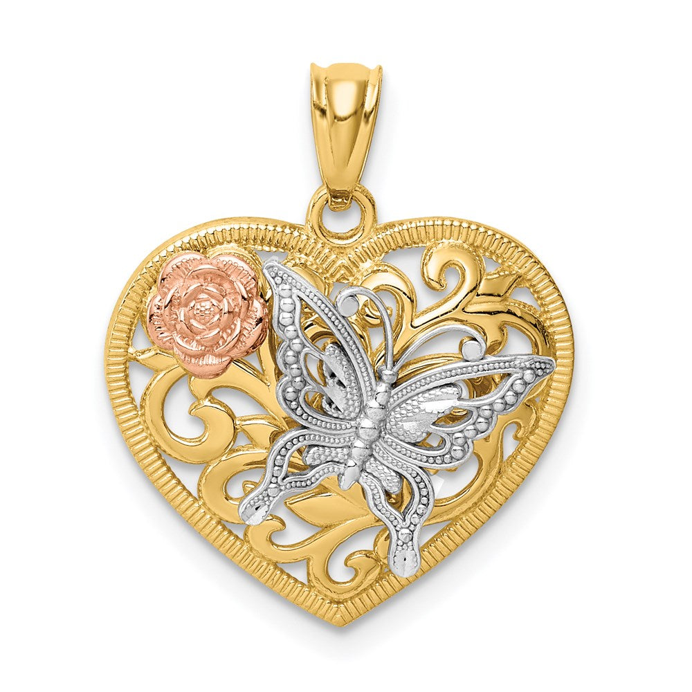 14k Tri-Color Gold Butterfly Heart Pendant