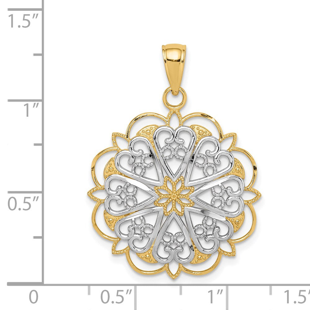 14k Yellow & Rhodium Gold w/Rhodium Filigree Hearts W/Scalloped Edge Pendant