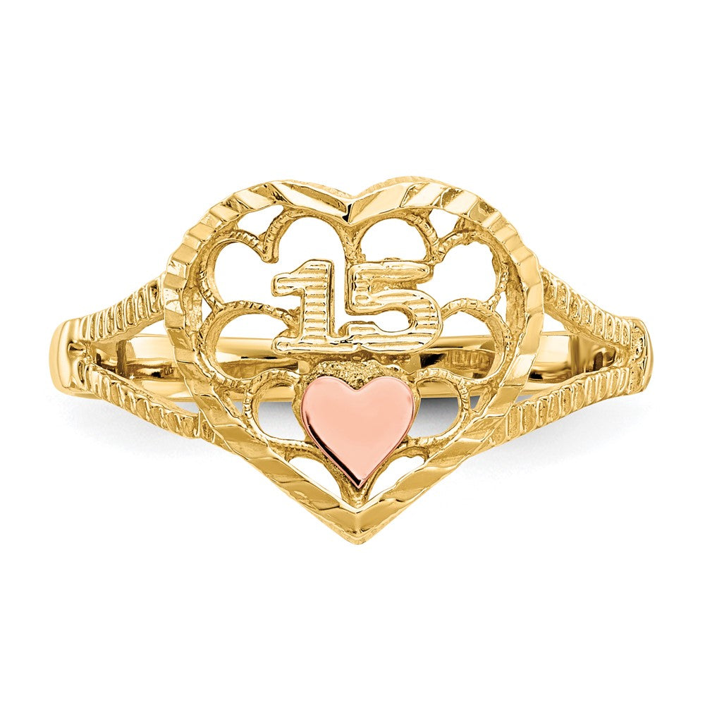 14K Two-Tone Gold Real Diamond Cut 15 Heart Ring