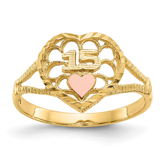 14K Two-Tone Gold Real Diamond Cut 15 Heart Ring