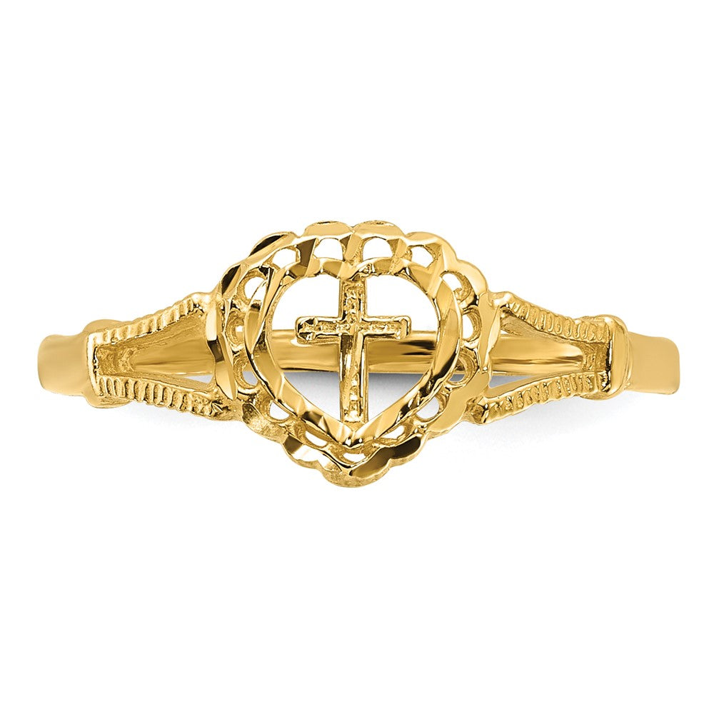 14K Yellow Gold Diamond-Cut Childs Heart & Cross Ring