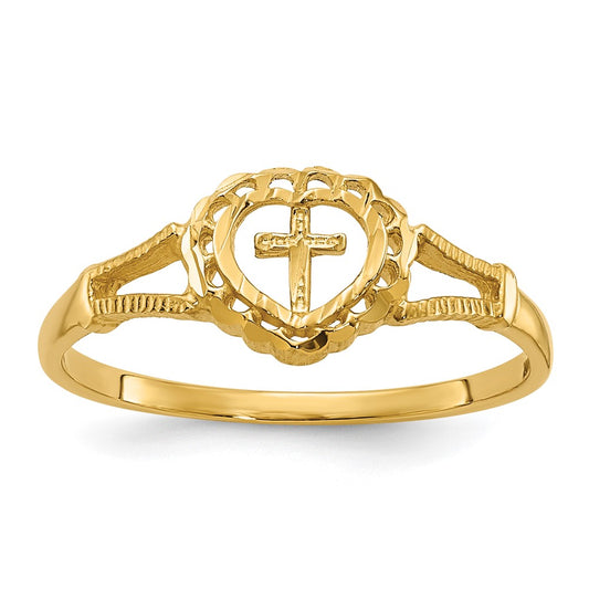 14K Yellow Gold Diamond-Cut Childs Heart & Cross Ring