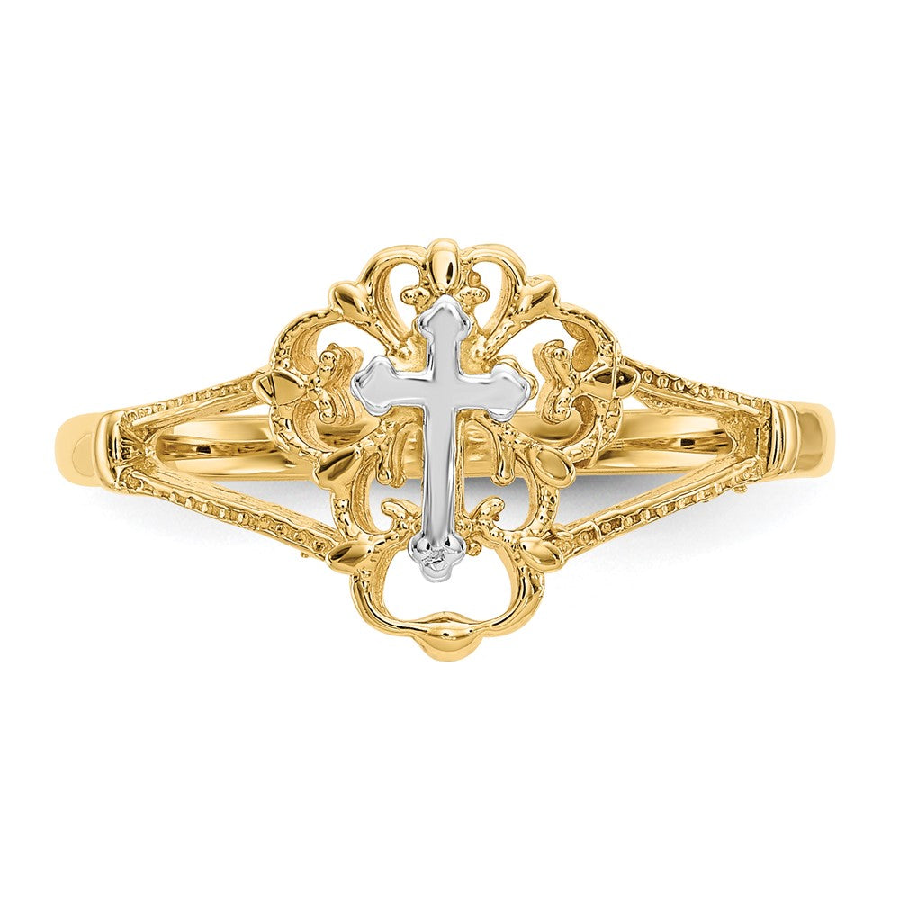 14K Two-Tone Gold Real Diamond Cut Cross Ring