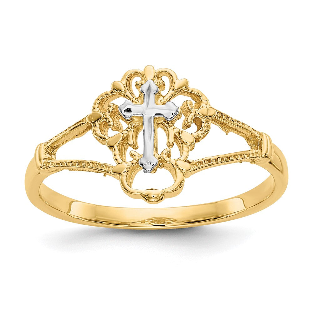 14K Two-Tone Gold Real Diamond Cut Cross Ring