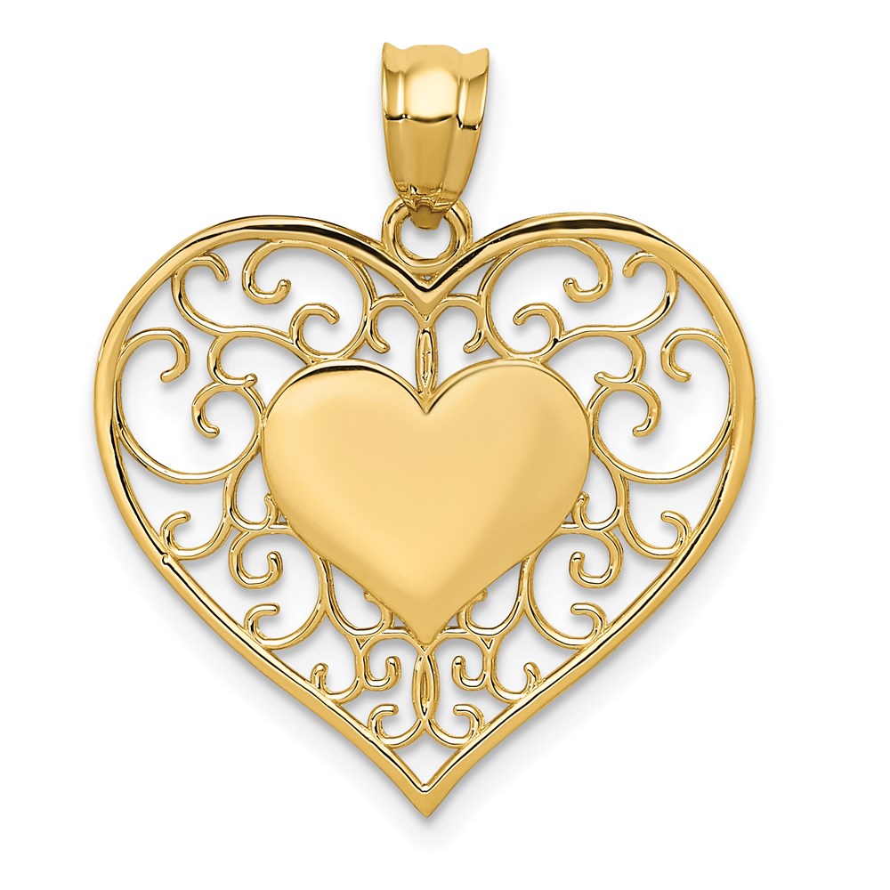 14k Yellow Gold Polished Filigree Heart Pendant