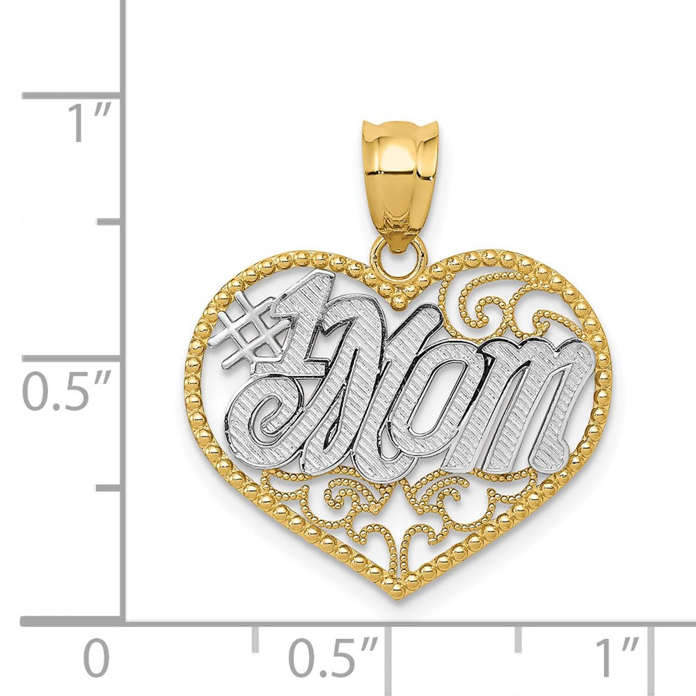 14k Yellow & Rhodium Gold and White Rhodium Filigree #1 Mom Heart Pendant