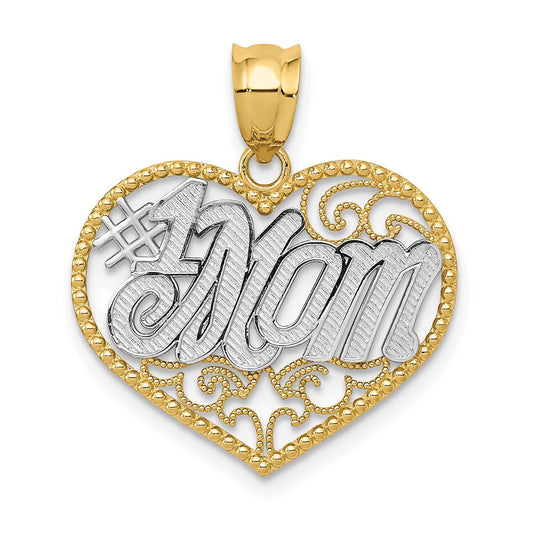 14k Yellow & Rhodium Gold and White Rhodium Filigree #1 Mom Heart Pendant