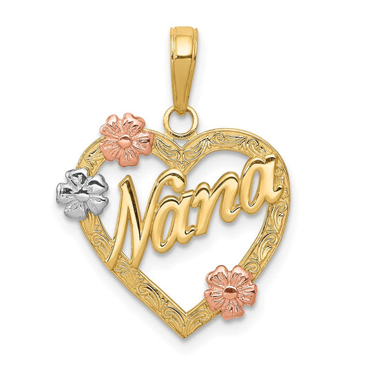 14k Tri-Color Gold NANA in Heart with Flowers Pendant