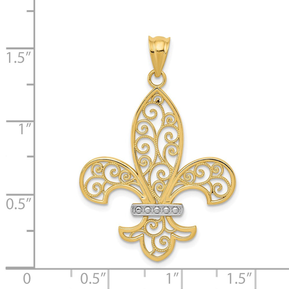 14k Yellow & Rhodium Gold and Rhodium Filigree Fleur de Lis Pendant