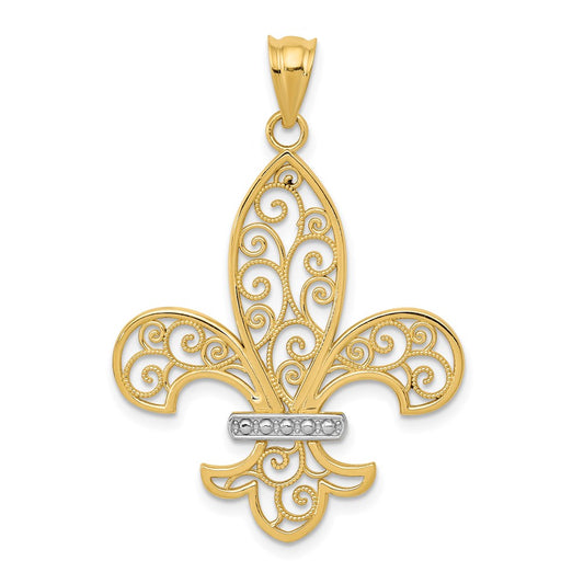 14k Yellow & Rhodium Gold and Rhodium Filigree Fleur de Lis Pendant