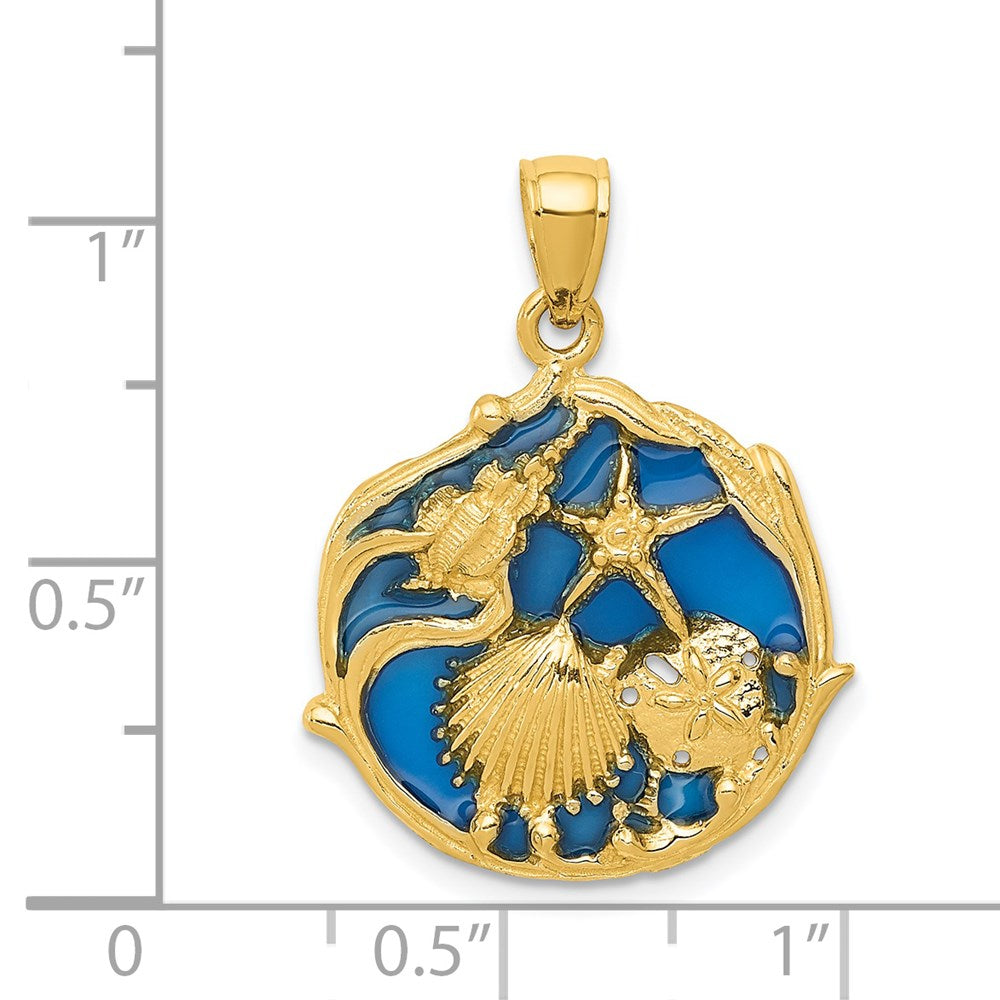 14k Yellow Gold Blue Enameled Shell Cluster Pendant