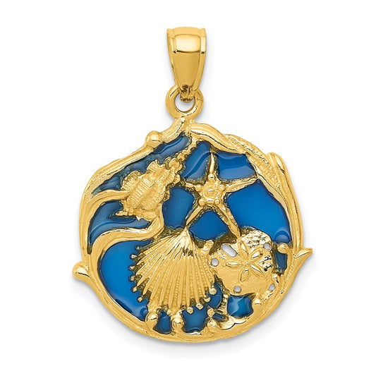 14k Yellow Gold Blue Enameled Shell Cluster Pendant