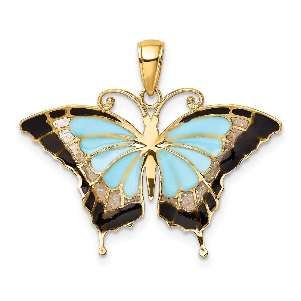 14k Yellow Gold Aqua Enameled Butterfly Pendant