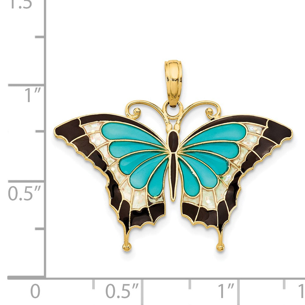 14k Yellow Gold Aqua Enameled Butterfly Pendant