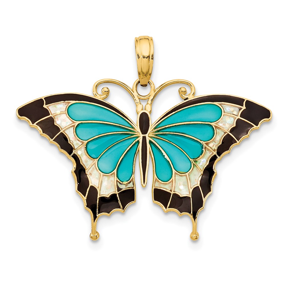 14k Yellow Gold Aqua Enameled Butterfly Pendant