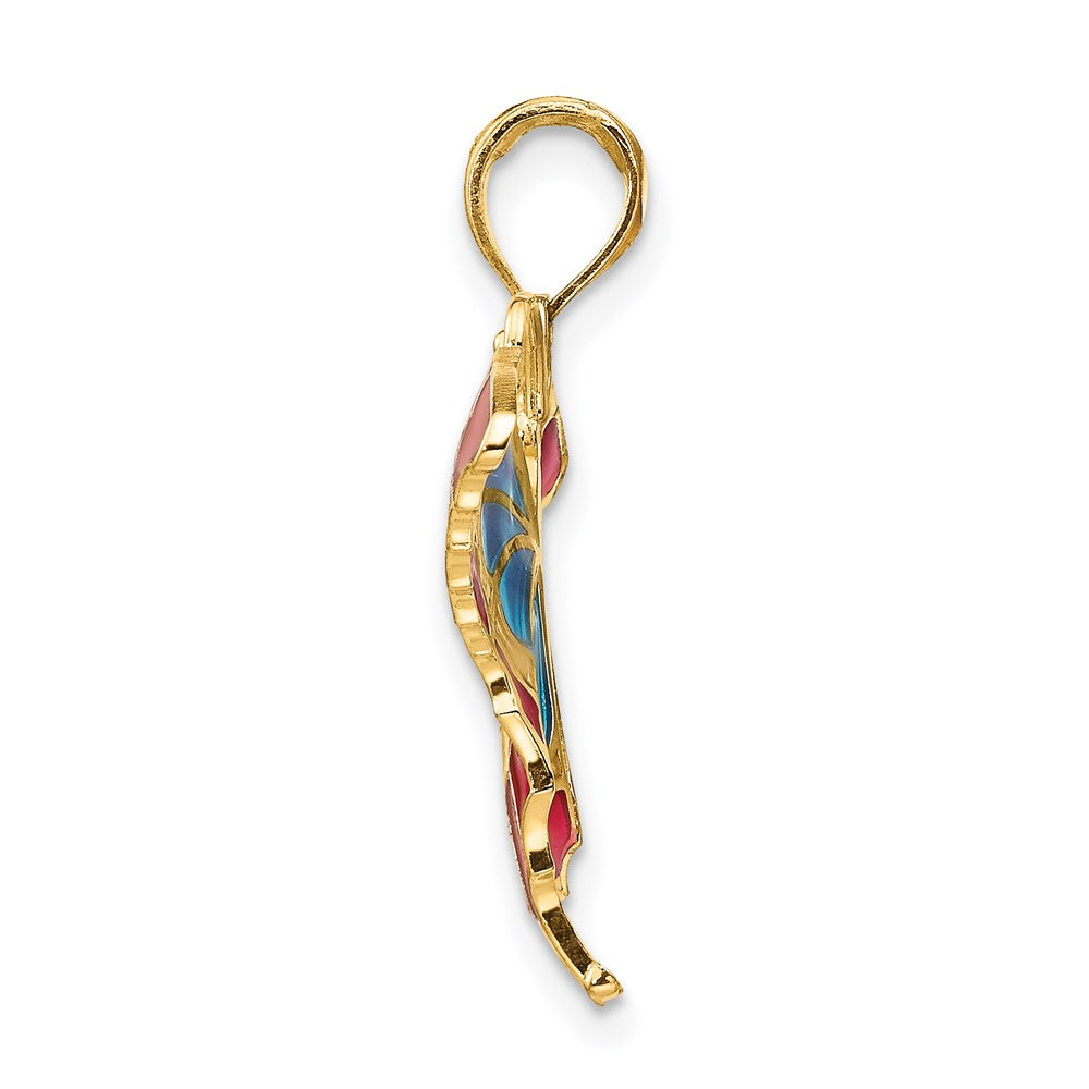 14k Yellow Gold Blue and Red Enameled Butterfly Pendant