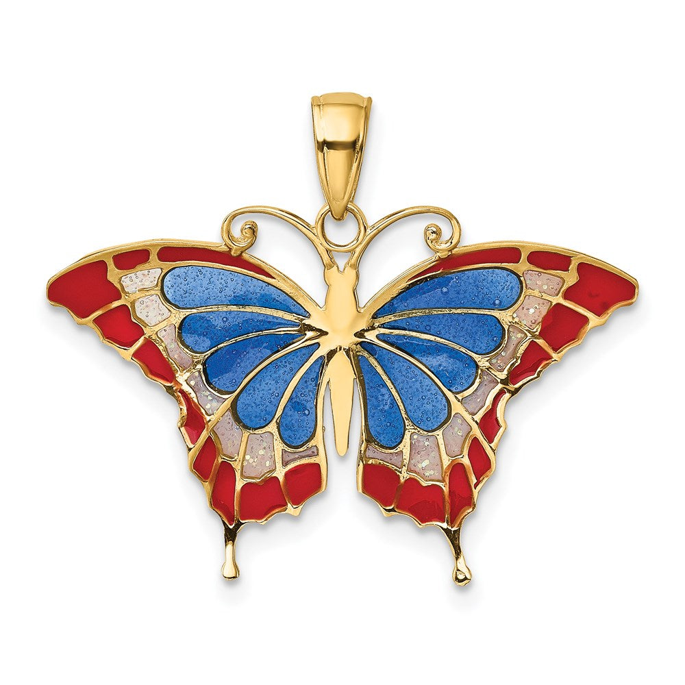 14k Yellow Gold Blue and Red Enameled Butterfly Pendant