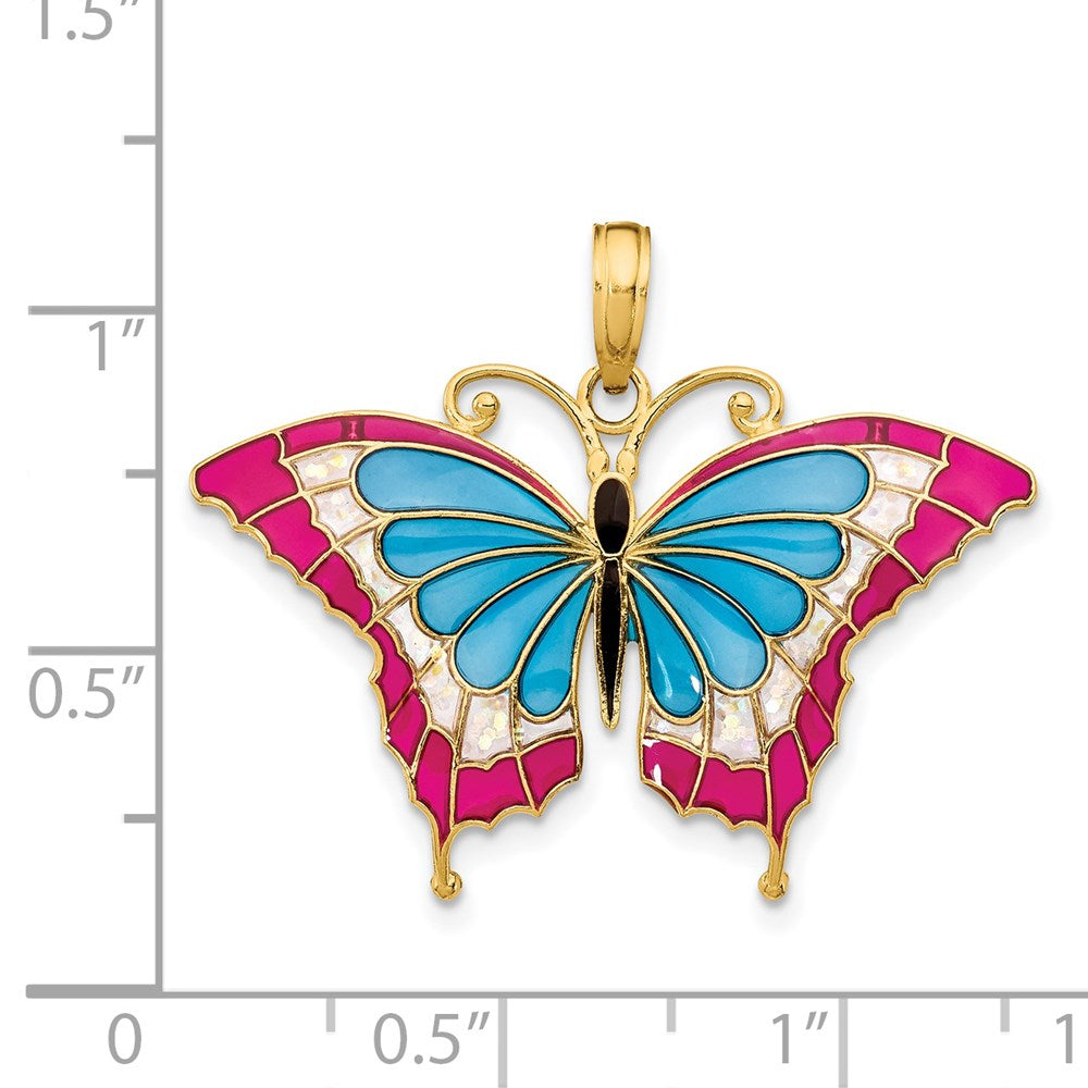 14k Yellow Gold Blue and Red Enameled Butterfly Pendant