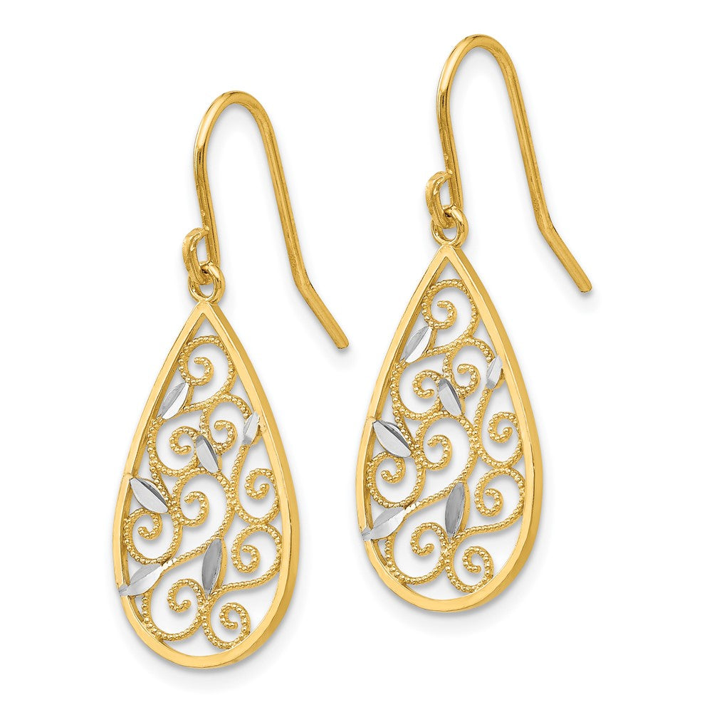 14k Yellow & Rhodium Gold White Rhodium Diamond-cut Filigree Teardrop Wire Earrings