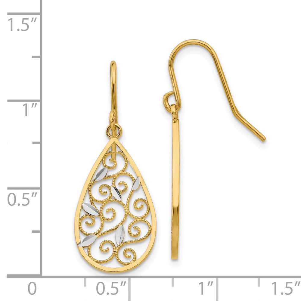 14k Yellow & Rhodium Gold White Rhodium Diamond-cut Filigree Teardrop Wire Earrings