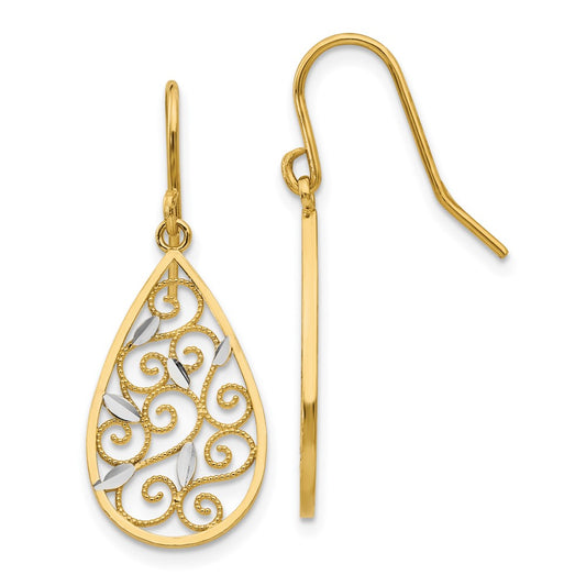 14k Yellow & Rhodium Gold White Rhodium Diamond-cut Filigree Teardrop Wire Earrings