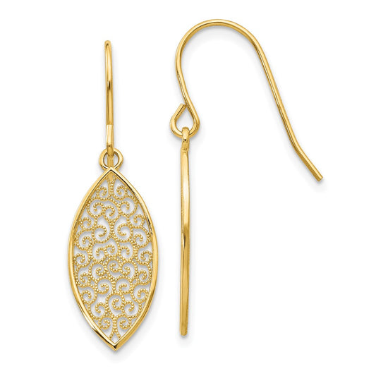 14k Yellow Gold Fancy Filigree Teardrop Dangle Earrings