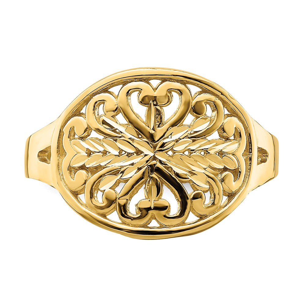 14K Yellow Gold Oval Shield with Scroll Pattern Ring