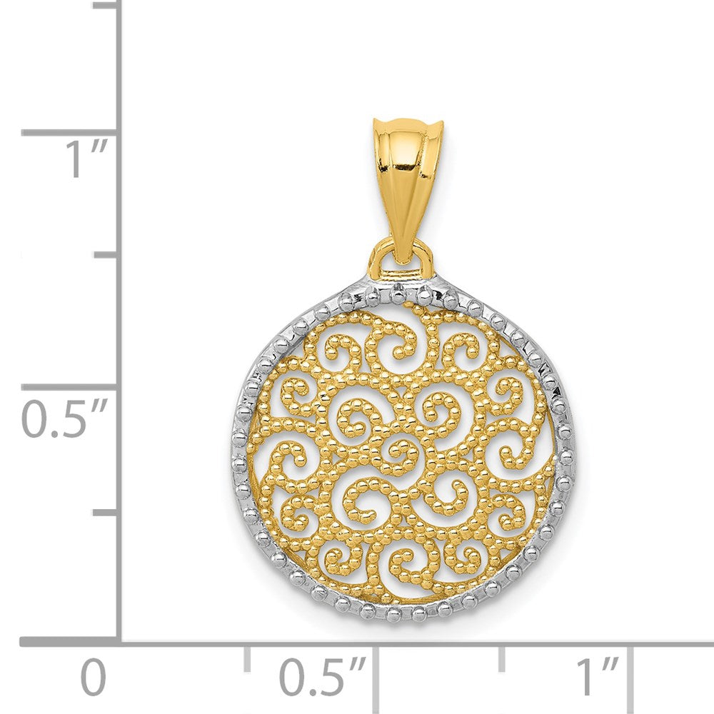 14k Yellow & Rhodium Gold w/Rhodium Filigree Circle Pendant