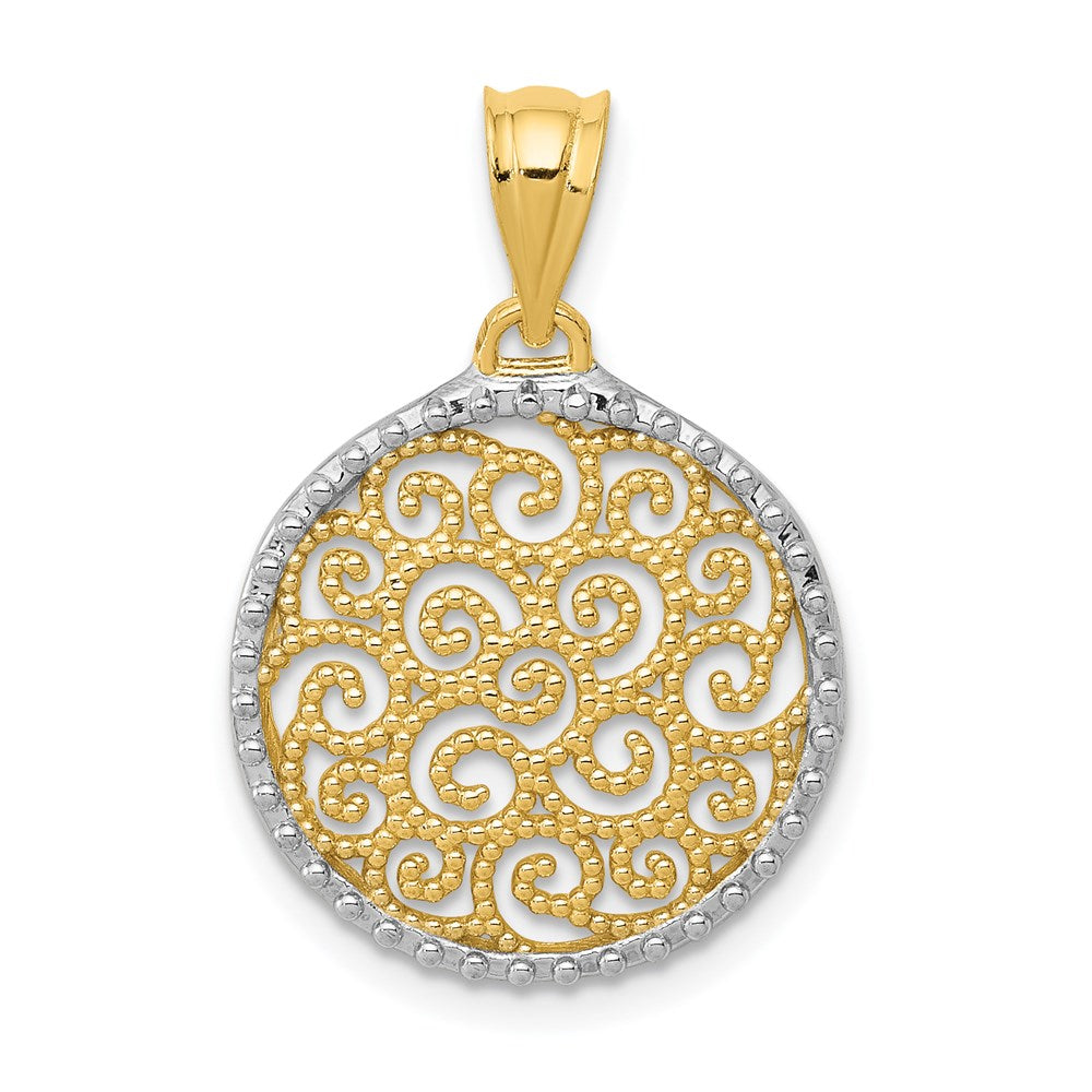 14k Yellow & Rhodium Gold w/Rhodium Filigree Circle Pendant