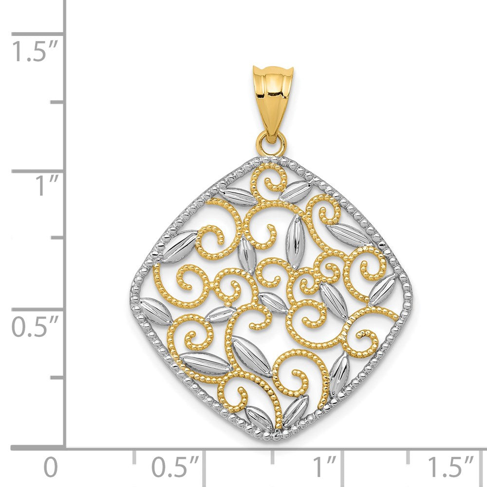 14k Yellow & Rhodium Gold w/Rhodium Diamond-Cut Filigree Swirl Pendant