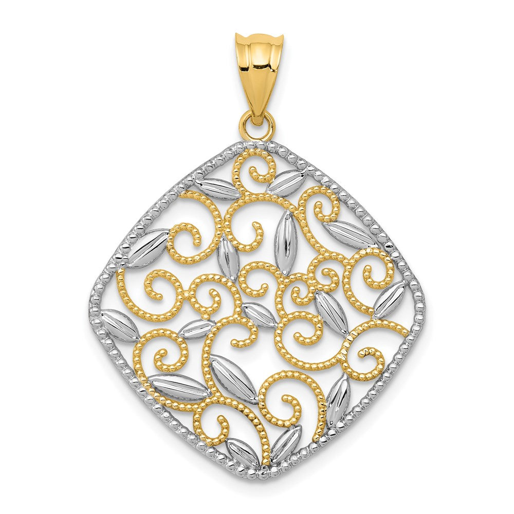 14k Yellow & Rhodium Gold w/Rhodium Diamond-Cut Filigree Swirl Pendant