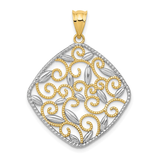 14k Yellow & Rhodium Gold w/Rhodium Diamond-Cut Filigree Swirl Pendant