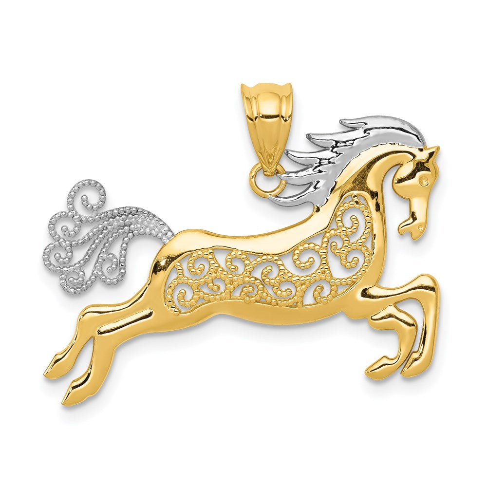 14k Yellow & Rhodium Gold w/ Rhodium Filigree Horse Pendant