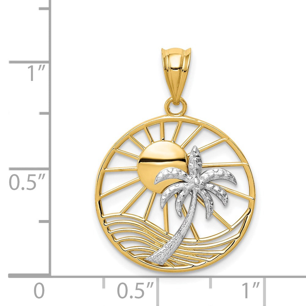 14k Two-tone Gold Sun and Palm Tree Pendant