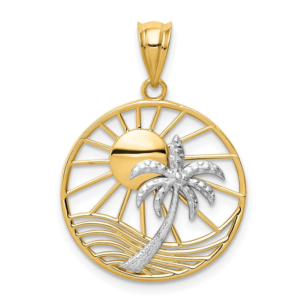 14k Two-tone Gold Sun and Palm Tree Pendant