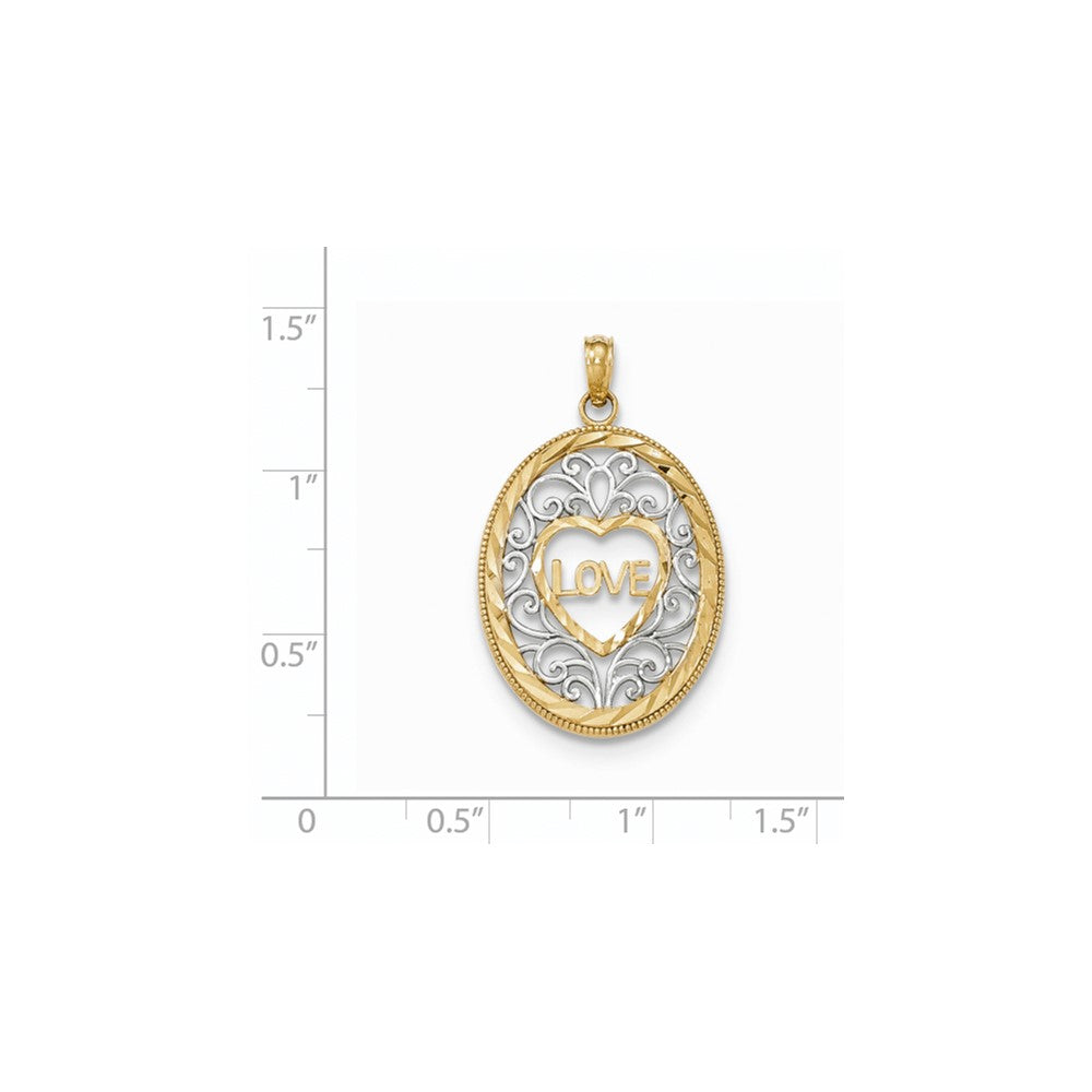 14k Yellow & Rhodium Gold w/Rhodium Filigree LOVE Oval Pendant