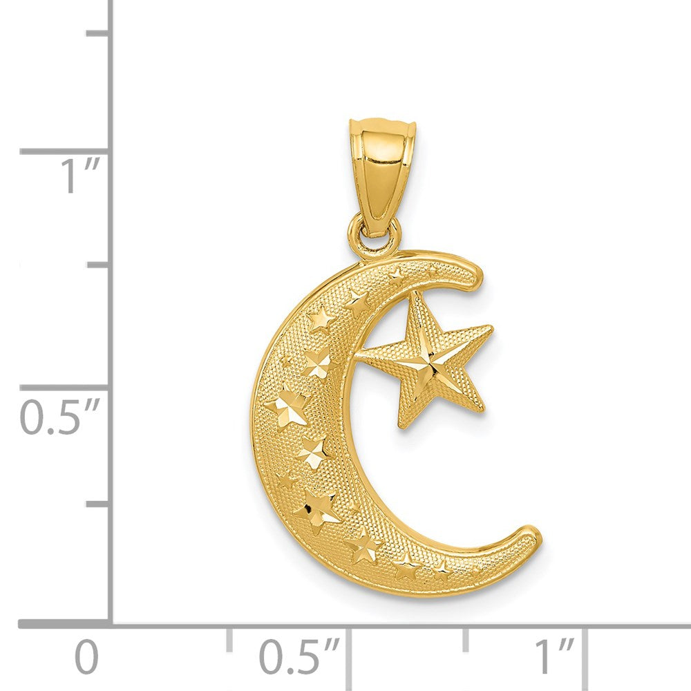 14k Yellow Gold Gold Polished and Textured Moon and Stars Pendant