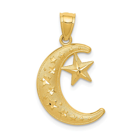 14k Yellow Gold Gold Polished and Textured Moon and Stars Pendant