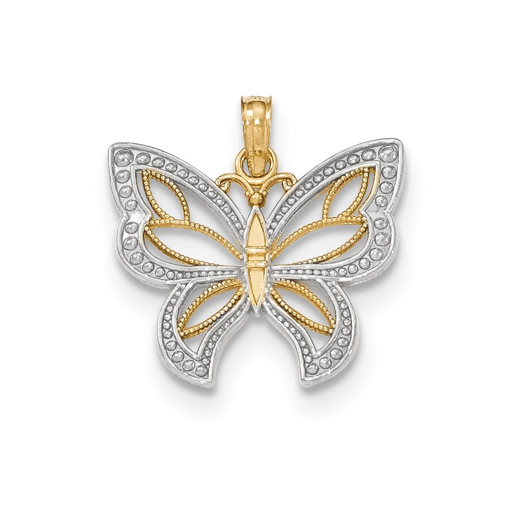 14k Two-tone Gold Polished 3-D Beaded Butterfly with Wings Pendant