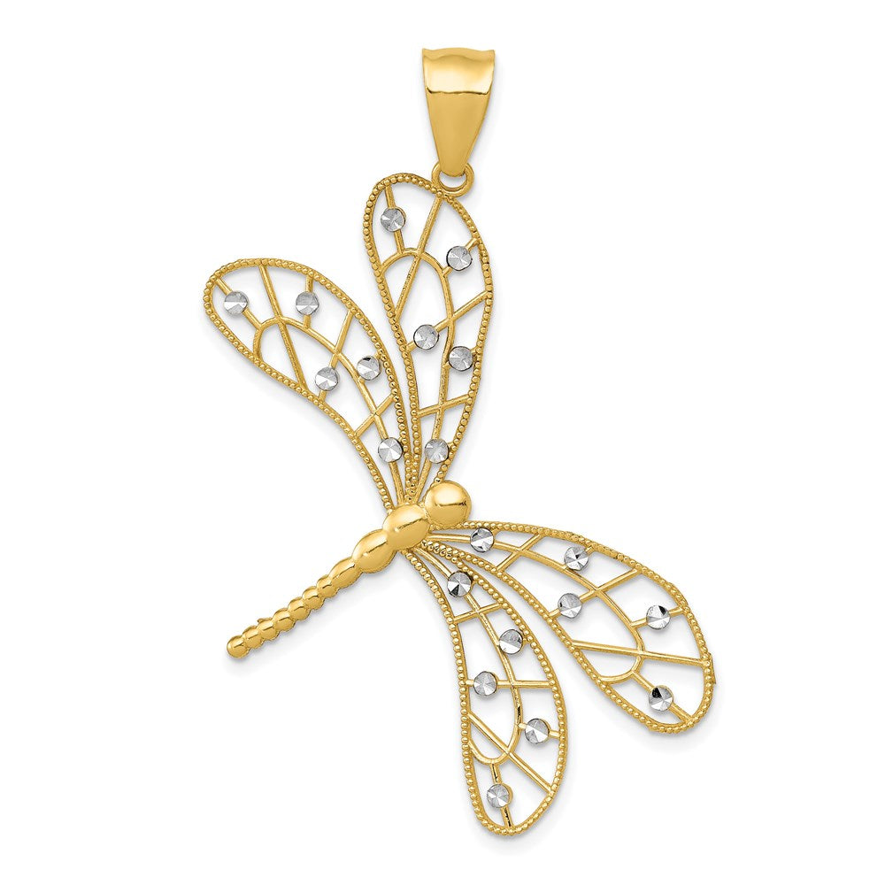 14k Yellow & Rhodium Gold w/Rhodium Polished D/C Filigree Dragonfly Pendant