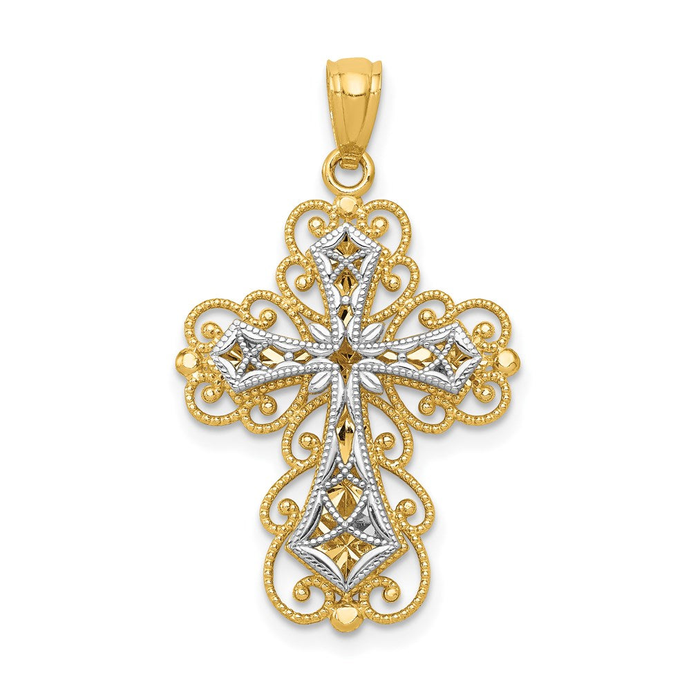 14k Two-tone Gold Gold Polished 2 Level Filigree Cross Pendant