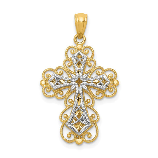 14k Two-tone Gold Gold Polished 2 Level Filigree Cross Pendant