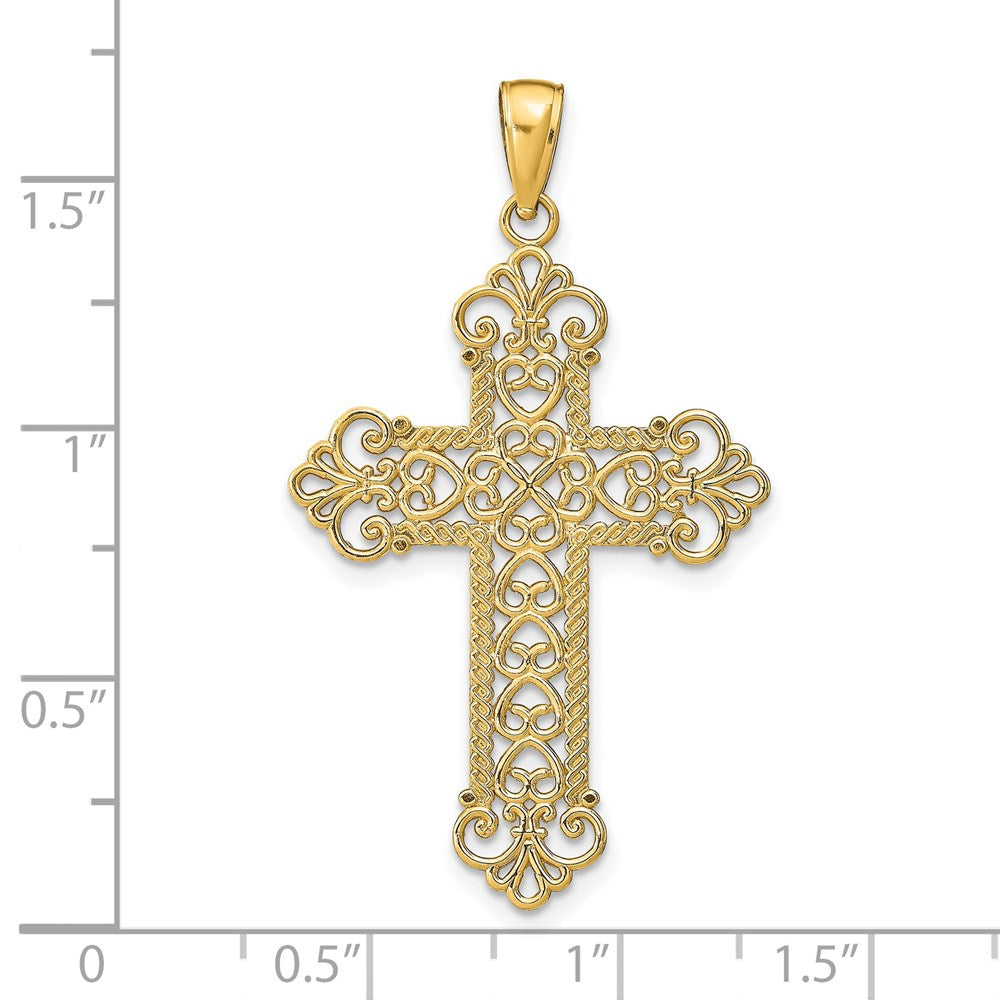 14k Yellow Gold Polished Large Rope Frame Filigree Cross Pendant