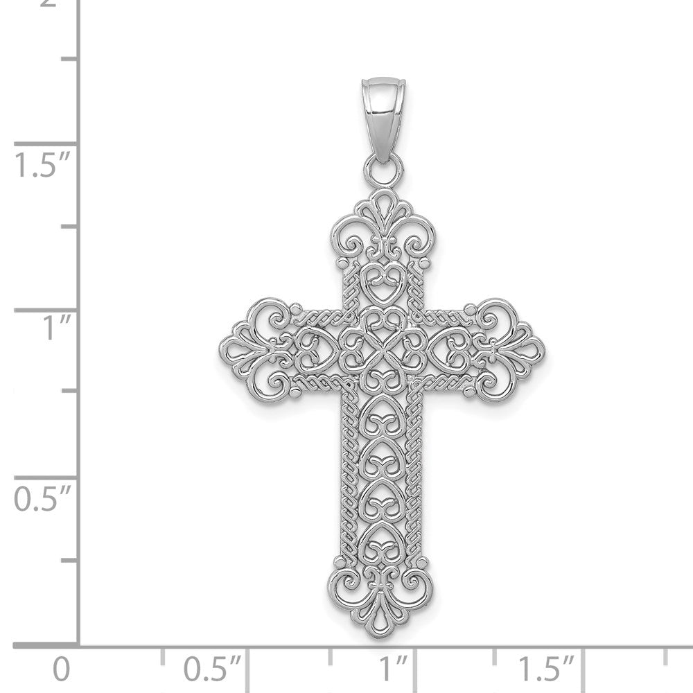 14k White Gold Polished Large Rope Frame Filigree Cross Pendant