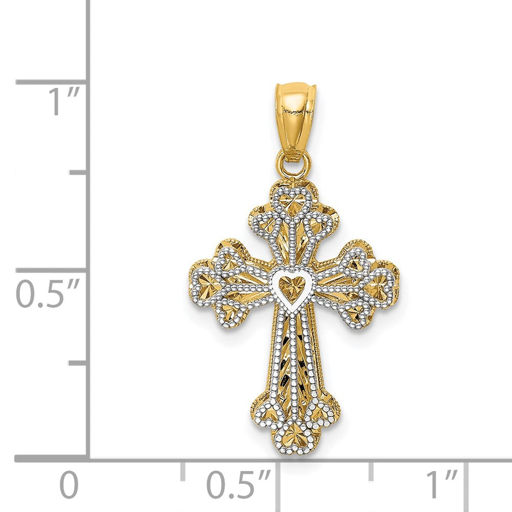 14k Two-tone Gold Polished Filigree 2 Level Heart Cross Pendant