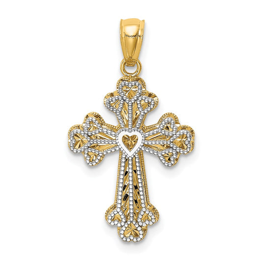 14k Two-tone Gold Polished Filigree 2 Level Heart Cross Pendant