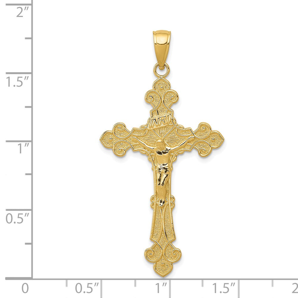 14k Yellow Gold Polished Textured INRI Crucifix Fleur de Lis Pendant