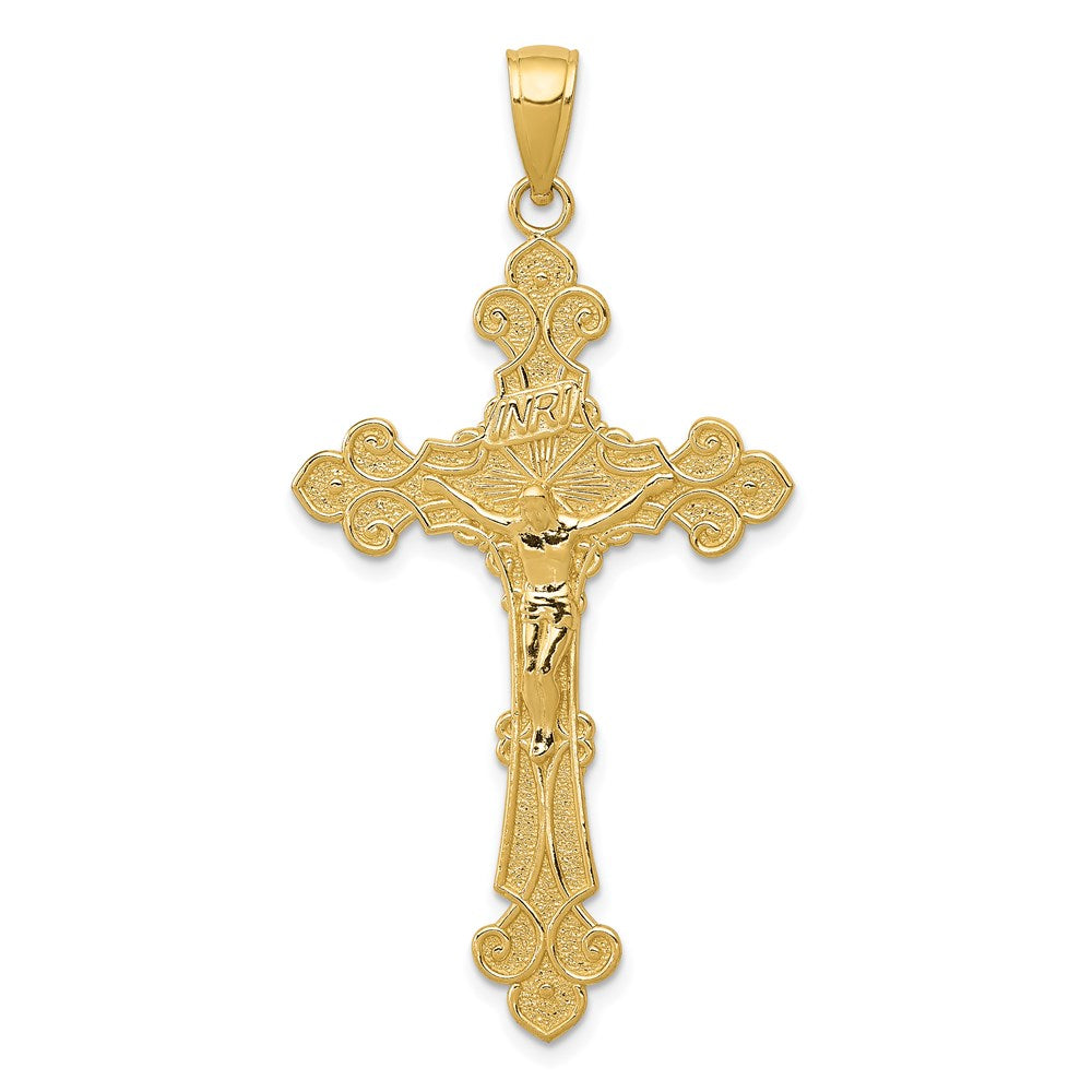 14k Yellow Gold Polished Textured INRI Crucifix Fleur de Lis Pendant