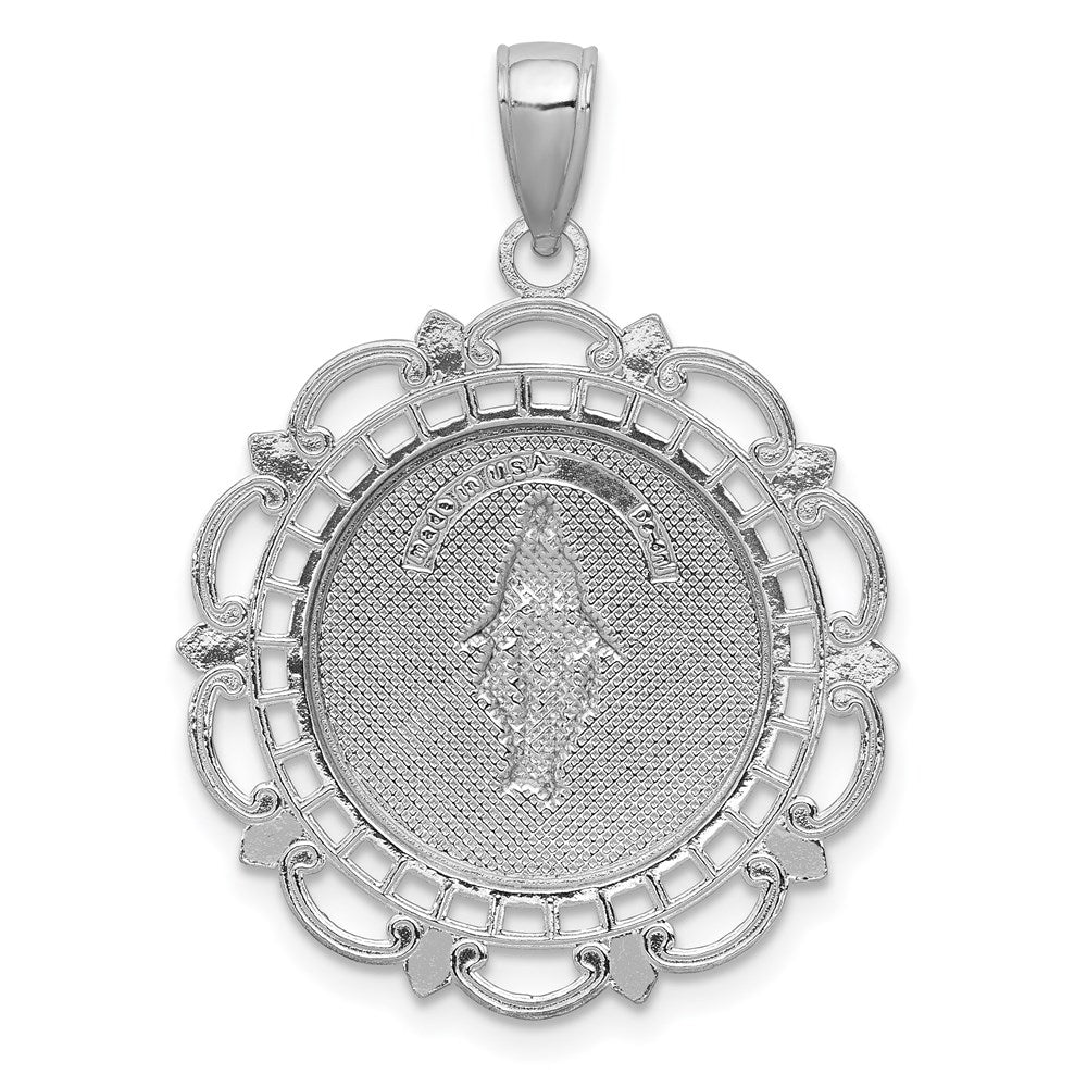 14k White Gold Miraculous Medal With Scallop Frame Pendant