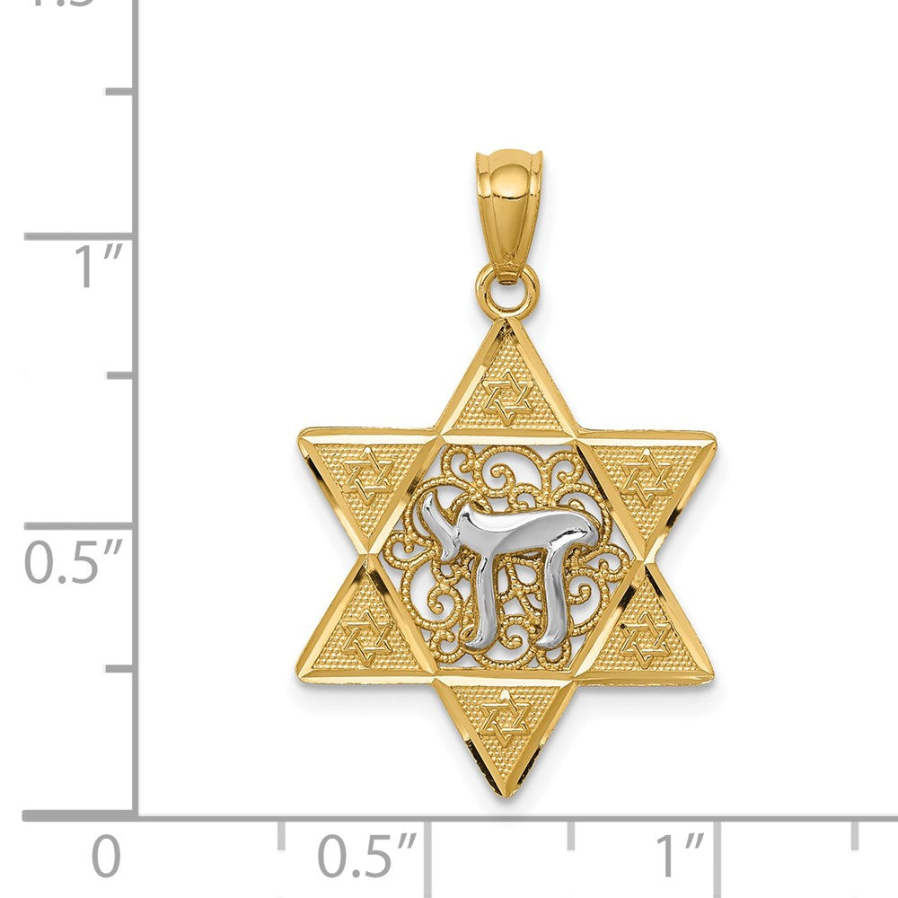 14k Two-tone Gold Gold Polished Star of David w/Chai Pendant